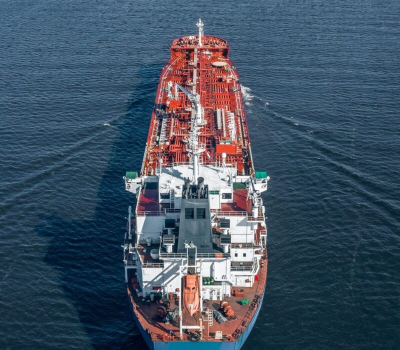 Aerial view of oil tanker in the sea